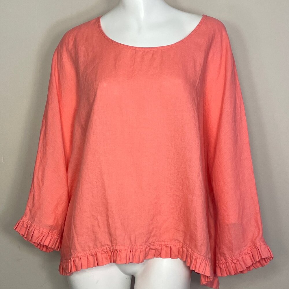 For Cynthia Linen Top Blouse Sz XL 100% Linen Salmon Lagenlook Ruffle Pullover